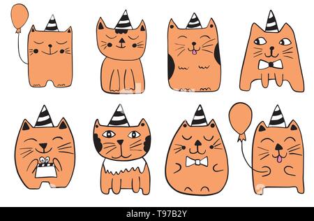 Cute cats. Hand drawn stylized characters. Outline doodle animals. Childish vector illustration. Stock Vector