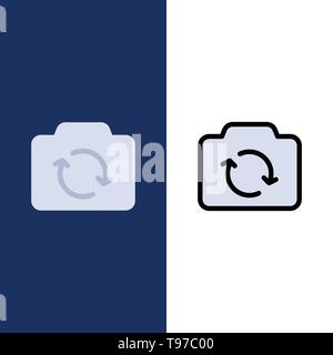 Camera, Refresh, Basic, Ui  Icons. Flat and Line Filled Icon Set Vector Blue Background Stock Vector