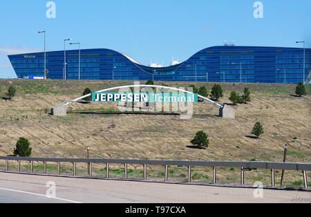 DENVER, CO -11 MAY 2019- View of the Denver International Airport, or DIA (DEN), a major hub for United Airlines and Frontier Airlines located at the  Stock Photo