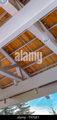 Clear Vertical Roof of a pavilion seen from the inside against trees and cloudy blue sky Stock Photo