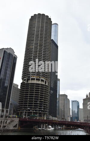 Marina City Towers along the Chicago River, Near North, Chicago, Illinois Stock Photo