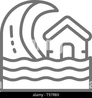 Vector tsunami, storm, flood disaster line icon. Stock Vector