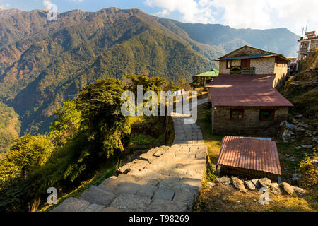 Traditional Buildings of Chhomarong village seen on the way to Annapurna base camp trek.18-12-2018, Chhomrong Nepal Stock Photo