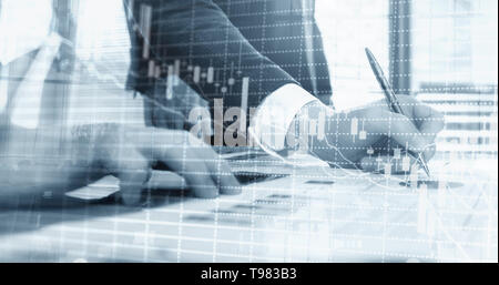 Abstract blurred double exposure of stock graph. Scalper trader trades graphics. Stock Photo