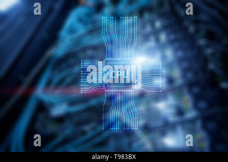 Blue glowing futuristic cpu in the center of computer system. Stock Photo