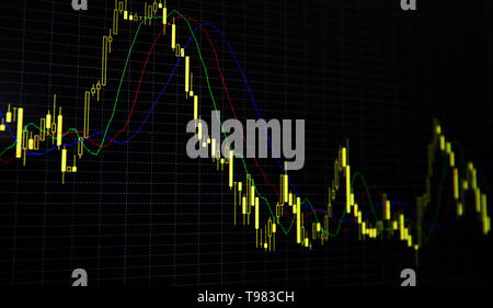 Financial stock market graph and bar chart price display on dark background. Stock Photo