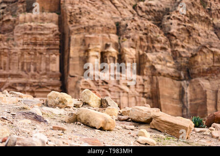 (Selective focus) Stunning view of a blurred temple carved in stone in the beautiful Petra site.