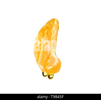 Essential oil dripping from tangerine piece on white background Stock Photo