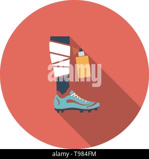 Soccer Bandaged Leg With Aerosol Anesthetic Icon. Flat Circle Stencil Design With Long Shadow. Vector Illustration. Stock Vector