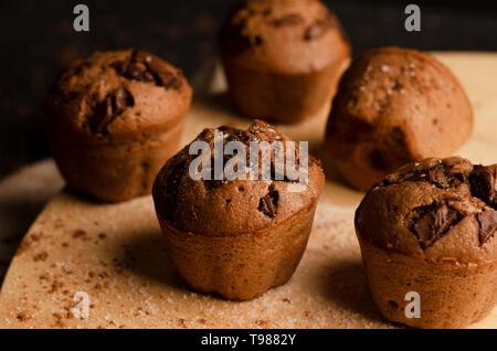 Chocolate cupcakes with chocolate chips on a dark background. Handmade. Stock Photo