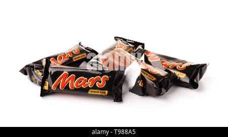 KRASNODAR, RUSSIA - OKTOBER 28, 2018: Mars chocolate bars isolated on white background. Produced by Mars Incorporated. Stock Photo