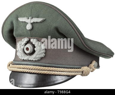 A visor cap for Sonderführer of the army in officer rank maker Erel, Berlin  Late private purchase piece in field-grey gabardine, grey trim band and  piping, golden-yellow silk liner with cap trapezoid (