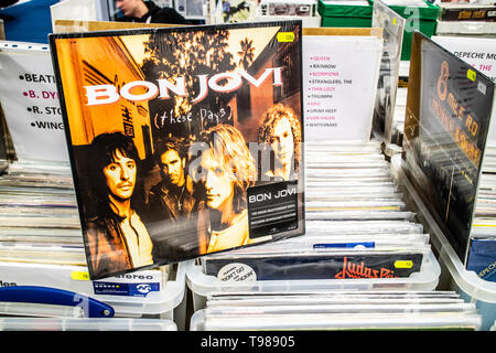 Nadarzyn, Poland, May 11, 2019 Bon Jovi vinyl album on display for sale, Vinyl, LP, Album, Rock, American rock band, collection of Vinyls