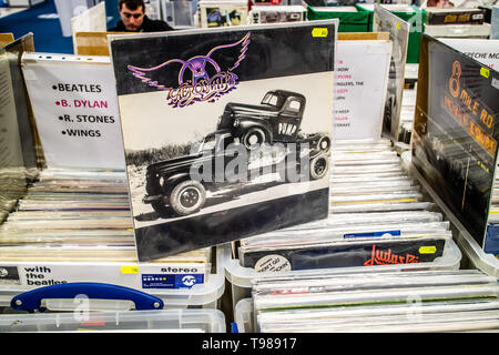 Nadarzyn, Poland, May 10, 2019 Aerosmith vinyl album on display for sale, Vinyl, LP, Album, Rock, American rock band, collection of Vinyls Stock Photo