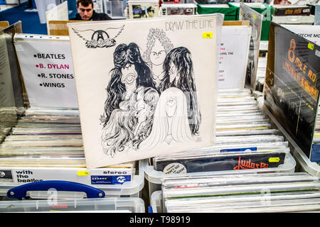 Nadarzyn, Poland, May 10, 2019 Aerosmith vinyl album on display for sale, Vinyl, LP, Album, Rock, American rock band, collection of Vinyls Stock Photo