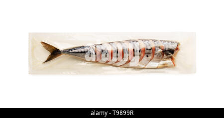 Mackerel fish packaged isolated on white background Stock Photo