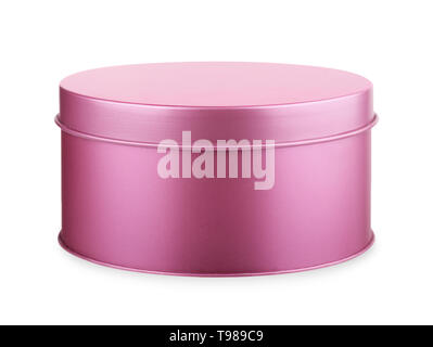 Metal purple, pink round box on a white background Stock Photo