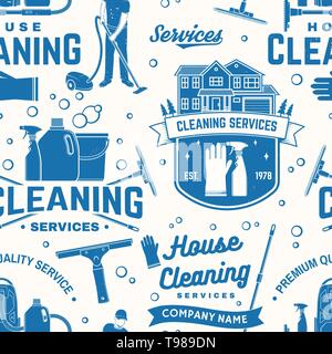 Cleaning services seamless pattern or background. Vector illustration. Vintage typography design with cleaning equipments. Cleaning service pattern for company related business Stock Vector