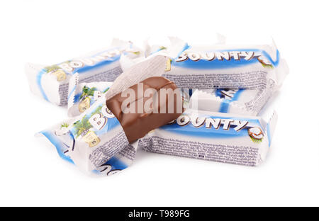KRASNODAR, RUSSIA - December 22, 2018: Bounty chocolate bars isolated on white background. Produced by Mars Incorporated. Stock Photo
