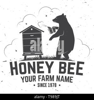 Honey bee farm badge. Vector illustration. Concept for shirt, print, stamp or tee. Vintage typography design with hive and bear beekeeper silhouette. Retro design for honey bee farm business Stock Vector