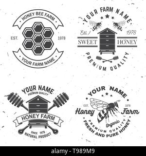 Set of Honey bee farm badge. Vector. Concept for shirt, print, stamp or tee. Vintage typography design with bee, hive and bear beekeeper silhouette. Retro design for honey bee farm business Stock Vector