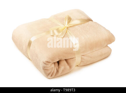 Soft beige fleece blanket gift, folded isolated on a white background Stock Photo