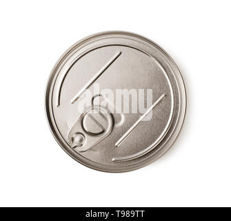 Tin containers without labels top view, canned food isolated on a white background Stock Photo