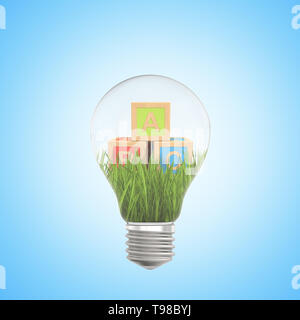 3d rendering of alphabet toy blocks on green grass inside of light bulb on blue background Stock Photo