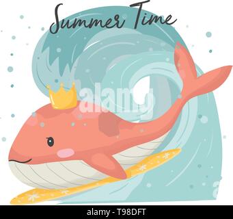 cute pink whale with crown on surfboard, surfing in big wave hand draw flat vector Stock Vector