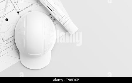 White safety helmet on wooden table with blueprints. Safety helmet for engineers, supervisors, managers and foreman. 3D illustration. Stock Photo