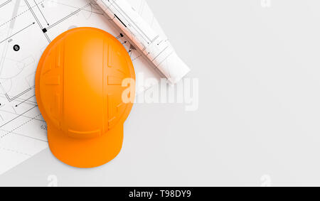 Plastic safety helmet and rolls of blueprints isolated on white ...