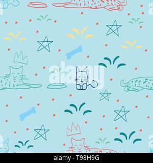 handrawn cat animal seamless for fabric, tshirt vector illustration - vector Stock Vector