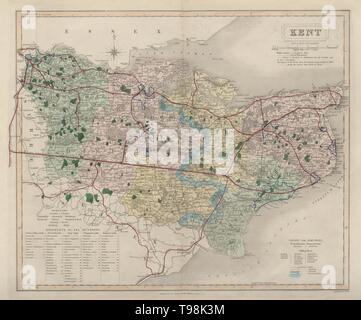 Kent  antique county map by J & C Walker. Railways & boroughs 1868 old Stock Photo