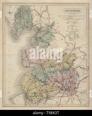 Lancashire antique county map by J & C Walker. Railways & boroughs 1868 Stock Photo