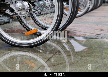 Bicycles on a parking lot, wheels are reflected in a puddle after rain. City bike rental system, rainy weather Stock Photo