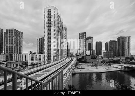 Miami, FL, USA - April 19, 2019: View of Brickell City Center in the popular downtown Brickell area in Miami, Florida, USA. Black and white photograph Stock Photo