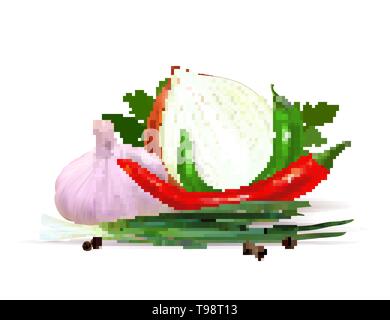 Garlic, pepper and onion vegetables with parsley spice isolated on white background. Photo-realistic vector, 3d Stock Vector