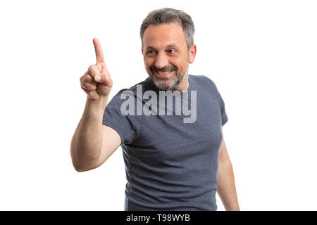 Closeup of man smiling as touching blank copyspace on transparent display with index finger isolated on white Stock Photo