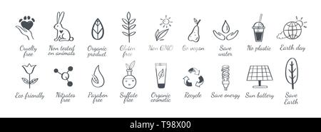 Eco friendly, ecology vector hand drawn icons set. Organic cosmetics, zero waste, save earth and healthy lifestyle Stock Vector