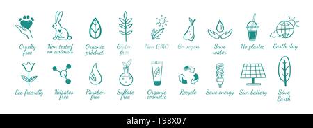 Eco friendly, ecology vector hand drawn icons set. Organic cosmetics, zero waste, save earth and healthy lifestyle Stock Vector