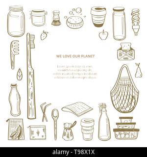 Zero waste vector hand drawn infographic background.Collection of eco and natural elements. Go green concept. Stock Vector