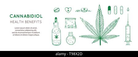 Cannabidiol Health benefits Vector background, banner. Hand drawn Infographic set of medical Cannabis, marijuana. Pills, bottles, oil and other Stock Vector