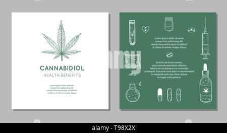 Cannabidiol Health benefits Vector background, banners. Hand drawn Infographic set of medical Cannabis, marijuana. Pills, bottles, oil and other Stock Vector