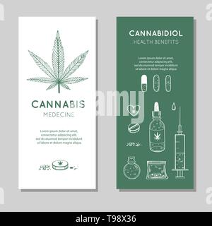Cannabidiol Health benefits Vector background, banners. Hand drawn Infographic set of medical Cannabis, marijuana. Pills, bottles, oil and other Stock Vector