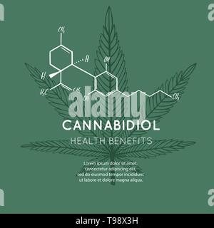 Vector background, banner, poster with CBD formula. Cannabis leaf in medecine concept. Health benefits Stock Vector