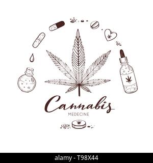 Vector hand drawn Infographic set of medical Cannabis banefits, marijuana. Pills, bottles, oil and other Stock Vector