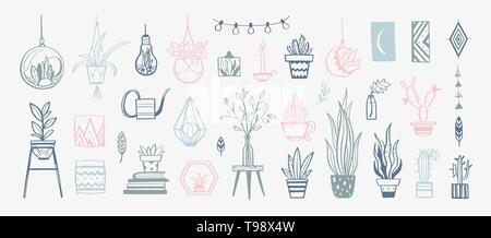 Cozy interior decor Vector elements . Hand drawn house plants and decorations Stock Vector
