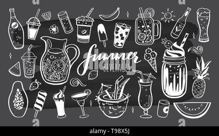 Vector hand drawn set of Cold drinks, summer cocktails and beverages with fruits. Various doodles for beach party, bar, restaurant menu Stock Vector