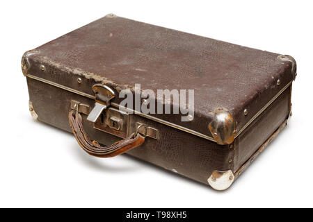 Isolated object: old shabby suitcase, close-up shot, on white background Stock Photo