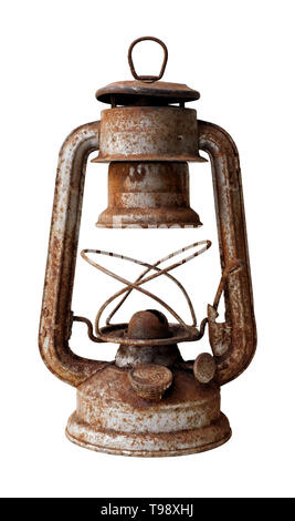 Isolated object: old rusty kerosene lamp, close-up shot, on white background Stock Photo